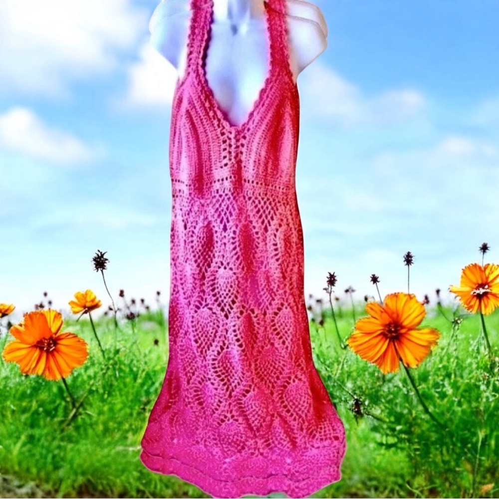 Vintage Hand Crochet Pink Halter Midi Dress Knit Beach Cover Up Boho Womens M